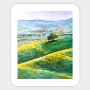 green and yellow landscape watercolor painting Sticker